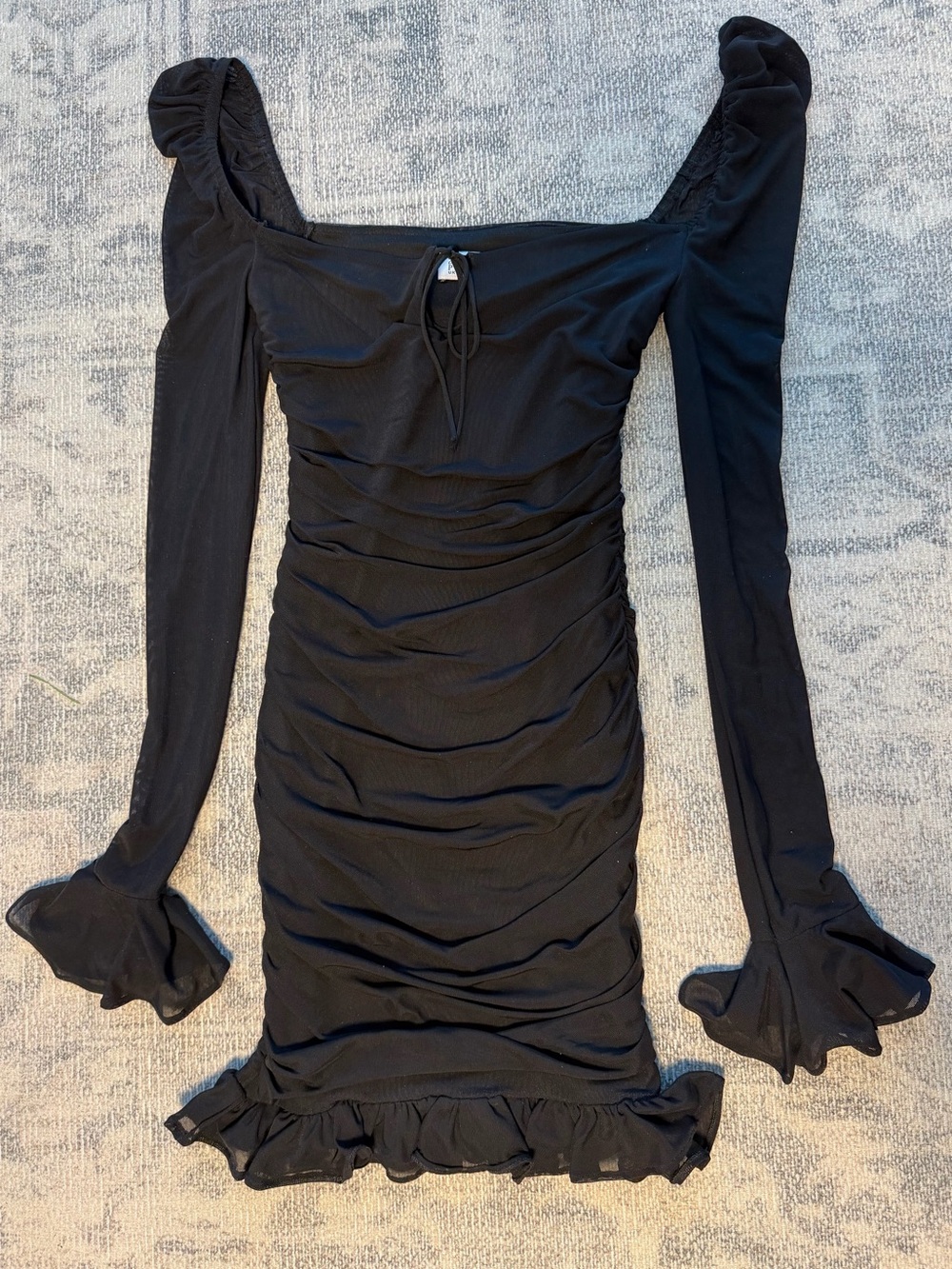 Oh Polly Black Ruched Long-Sleeve Mini Dress with Ruffle Hem